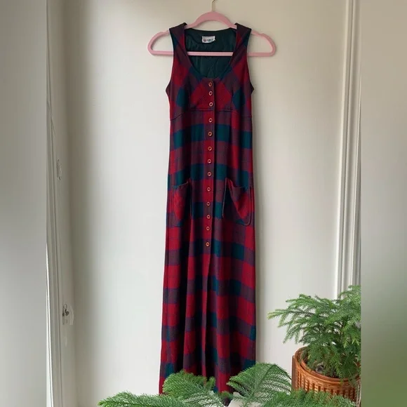 Vintage 70s Plaid Sleeveless Wool Maxi Pinafore Dress - Picture 1 of 6